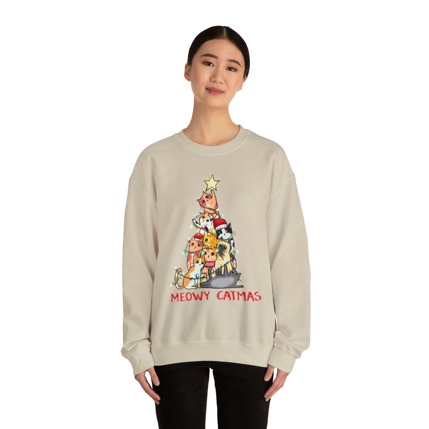Crewneck Sweatshirt Tree of Cats Meowy Catmas Ugly Christmas Sweater
