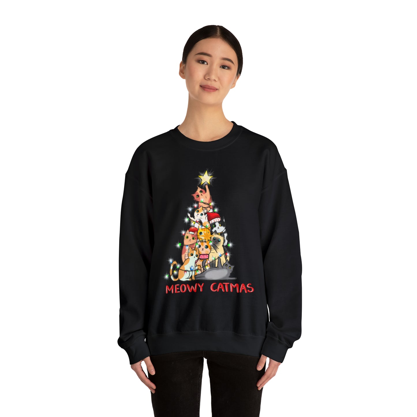 Crewneck Sweatshirt Tree of Cats Meowy Catmas Ugly Christmas Sweater