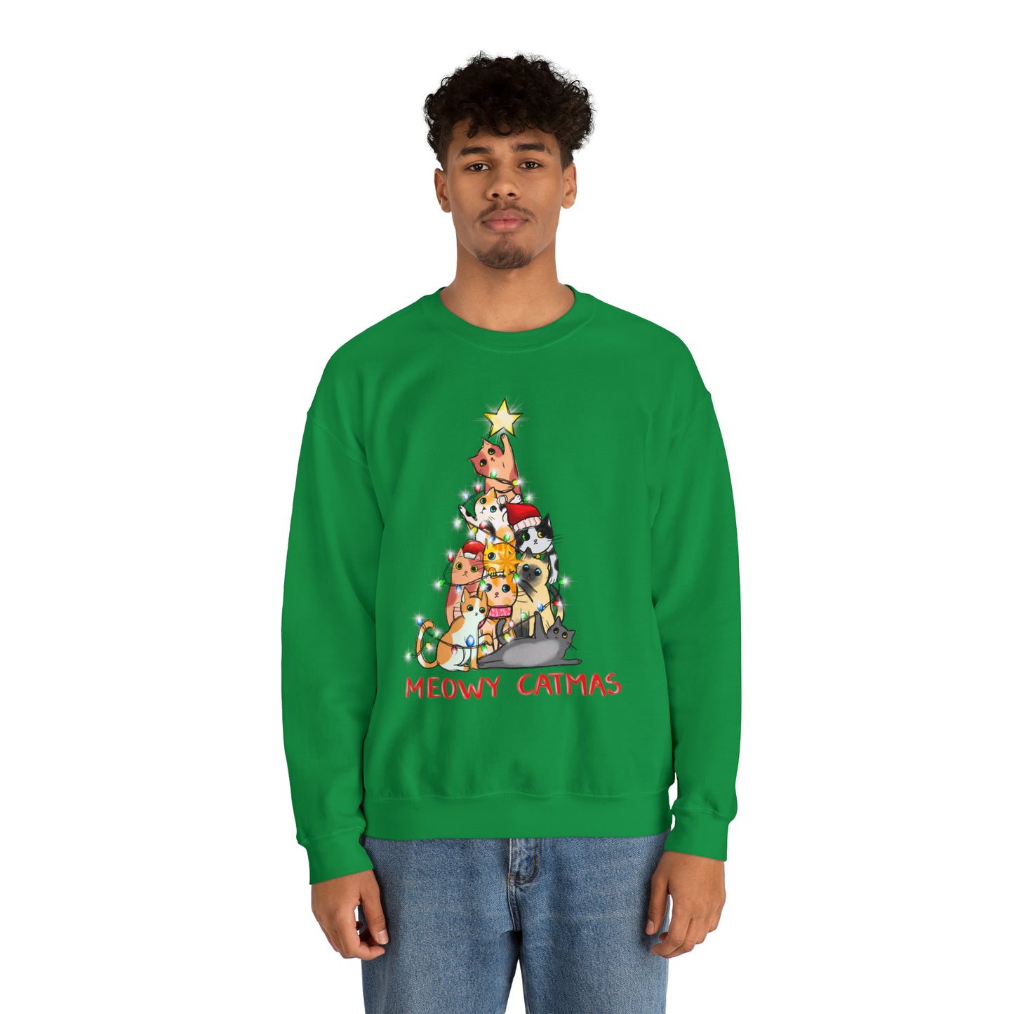 Crewneck Sweatshirt Tree of Cats Meowy Catmas Ugly Christmas Sweater