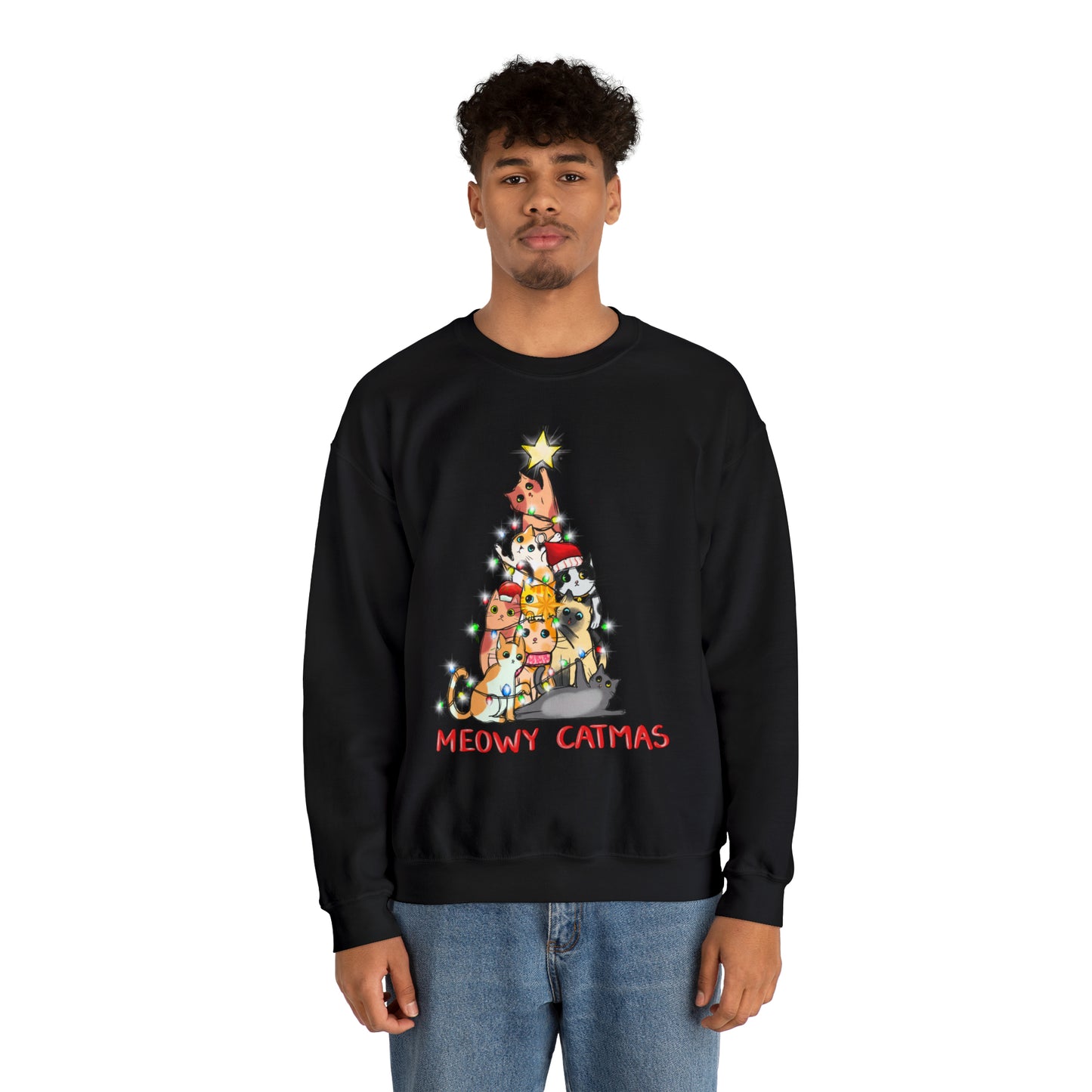 Crewneck Sweatshirt Tree of Cats Meowy Catmas Ugly Christmas Sweater