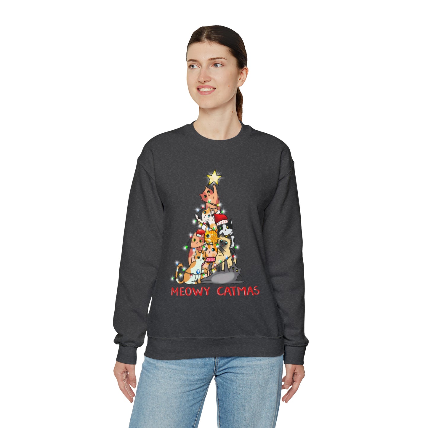 Crewneck Sweatshirt Tree of Cats Meowy Catmas Ugly Christmas Sweater
