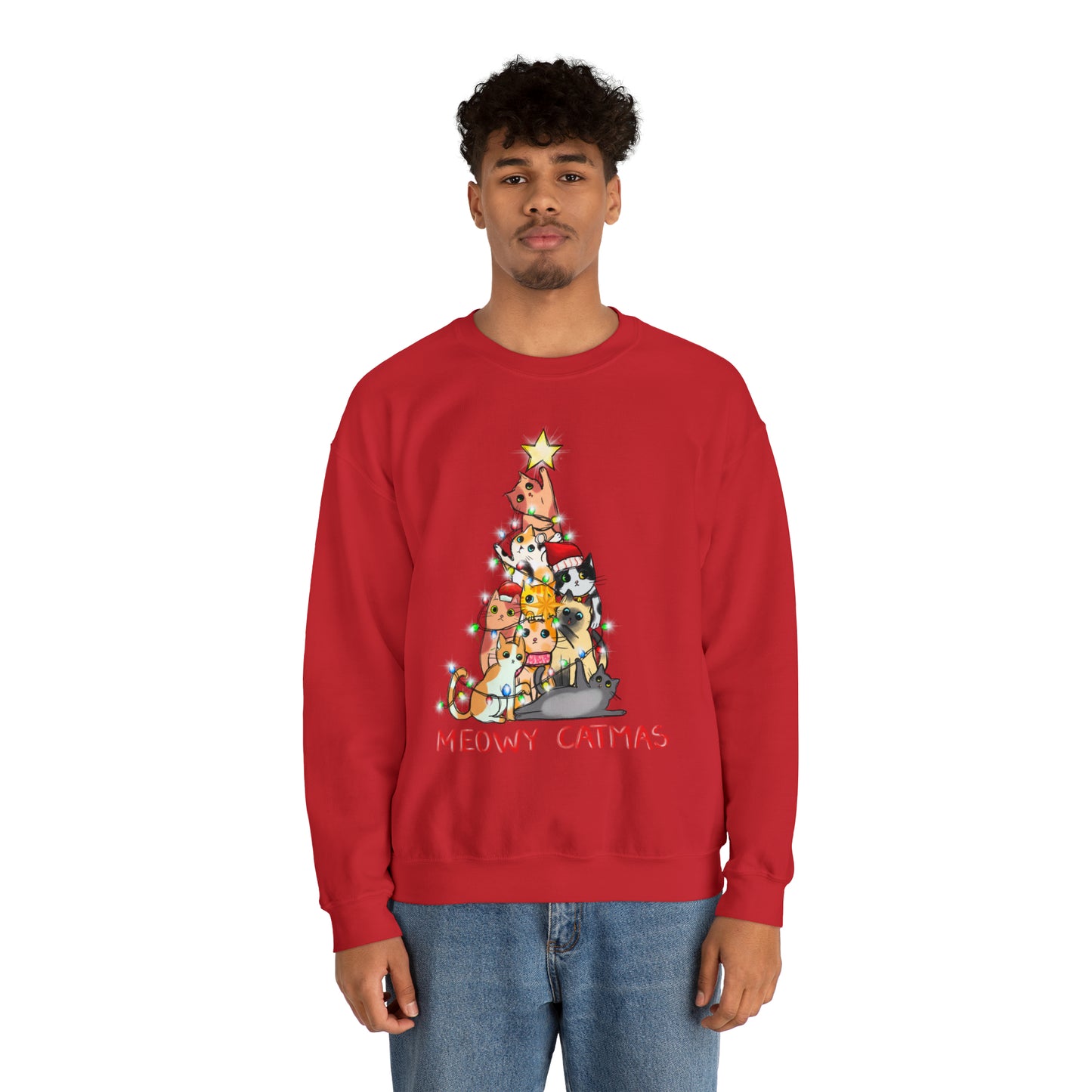 Crewneck Sweatshirt Tree of Cats Meowy Catmas Ugly Christmas Sweater