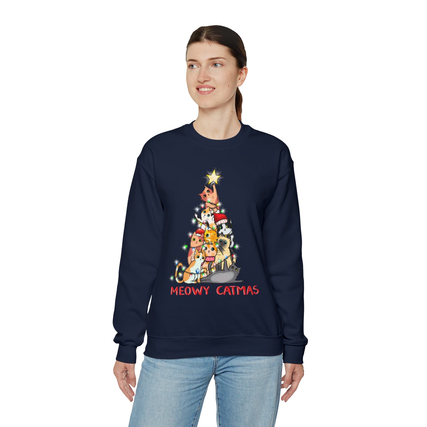Crewneck Sweatshirt Tree of Cats Meowy Catmas Ugly Christmas Sweater