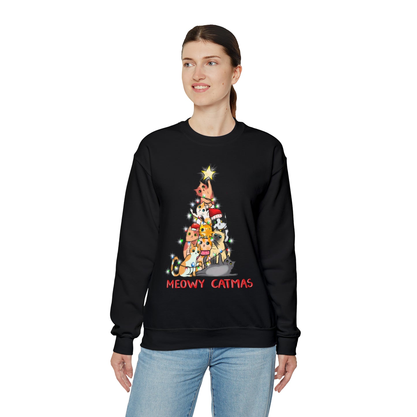 Crewneck Sweatshirt Tree of Cats Meowy Catmas Ugly Christmas Sweater