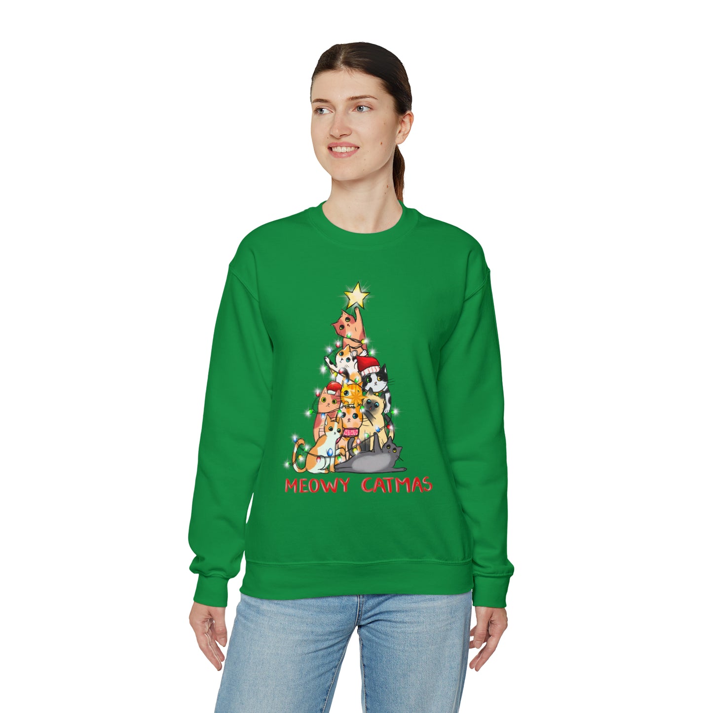 Crewneck Sweatshirt Tree of Cats Meowy Catmas Ugly Christmas Sweater