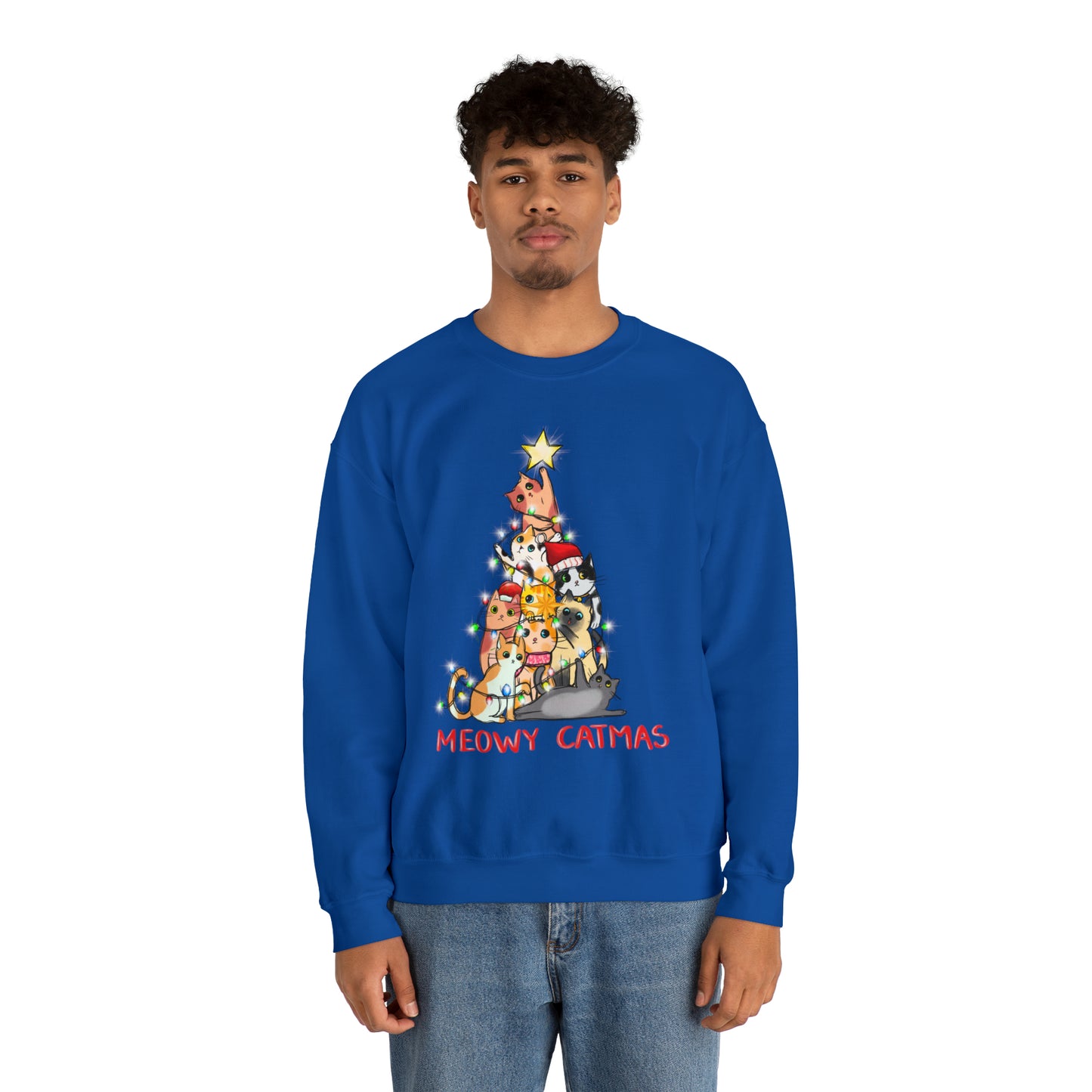 Crewneck Sweatshirt Tree of Cats Meowy Catmas Ugly Christmas Sweater