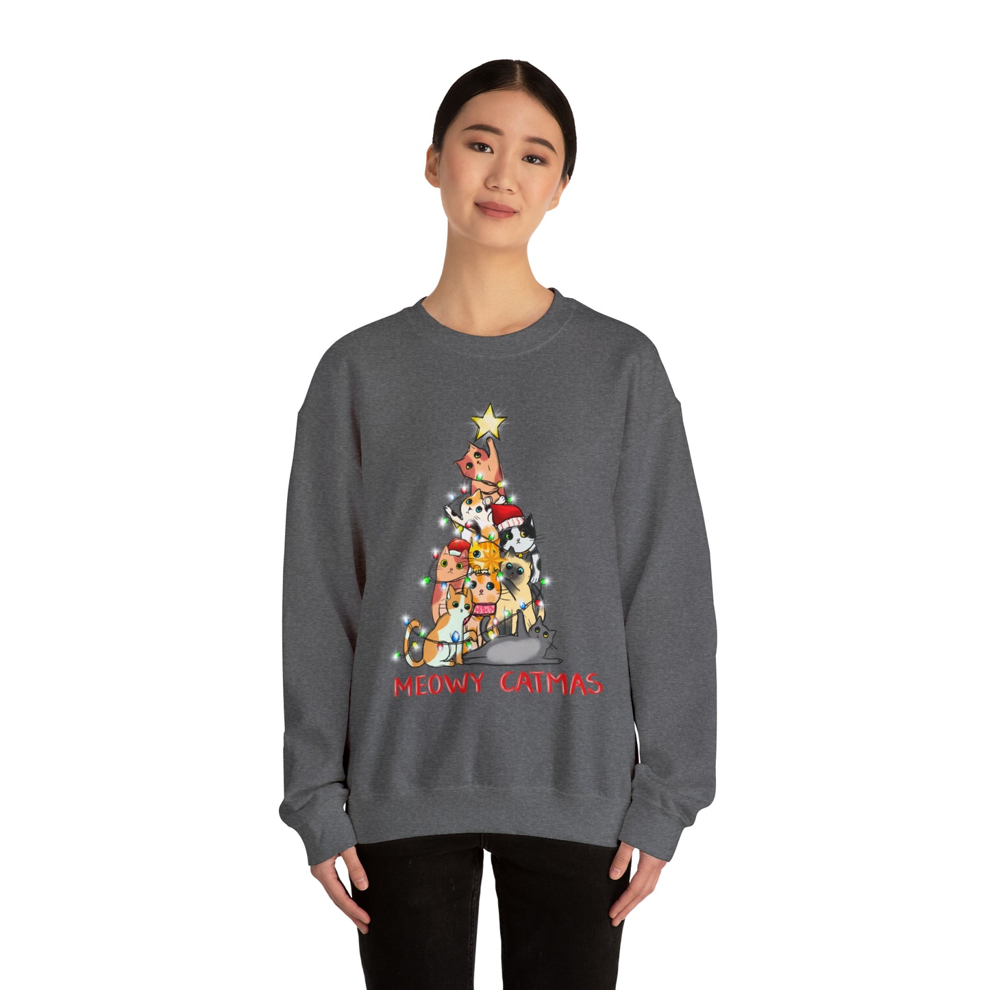 Crewneck Sweatshirt Tree of Cats Meowy Catmas Ugly Christmas Sweater