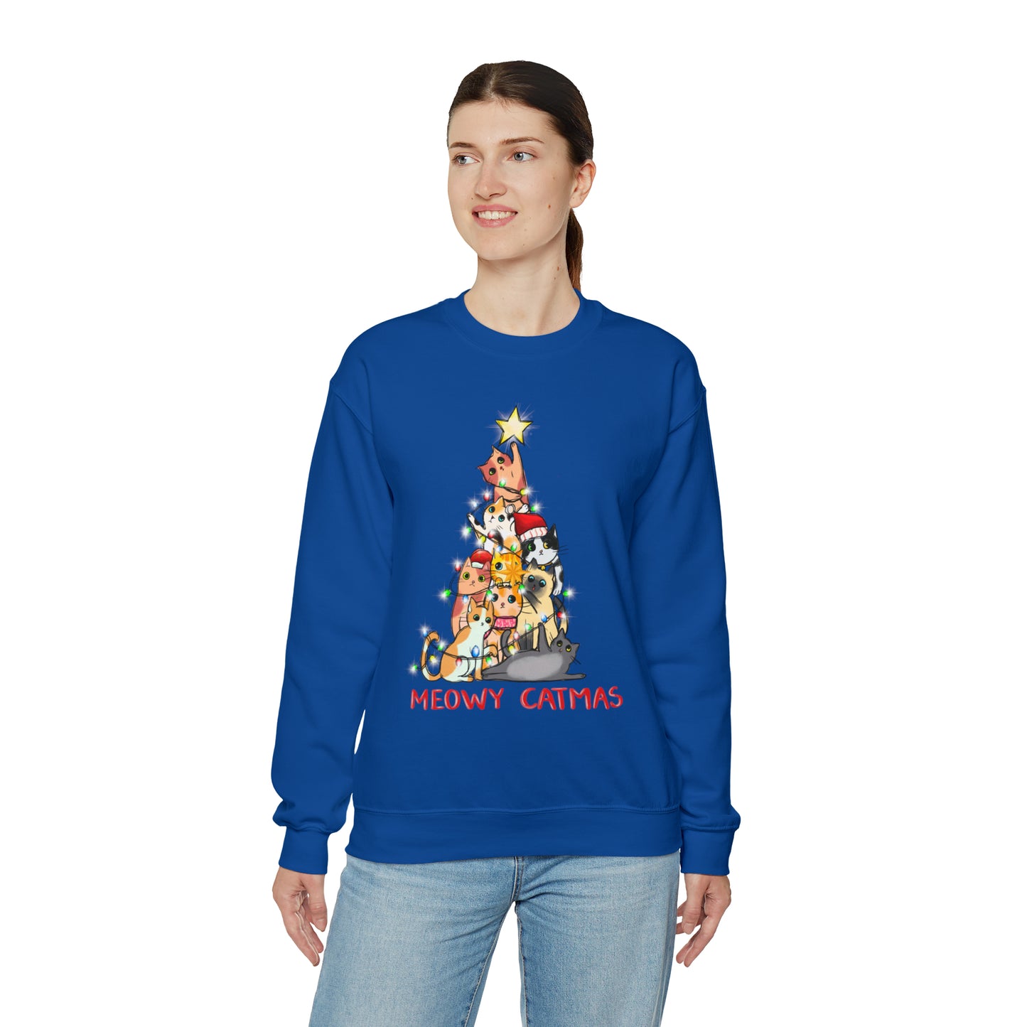 Crewneck Sweatshirt Tree of Cats Meowy Catmas Ugly Christmas Sweater