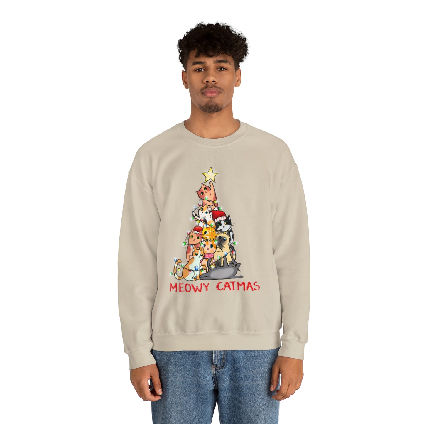 Crewneck Sweatshirt Tree of Cats Meowy Catmas Ugly Christmas Sweater