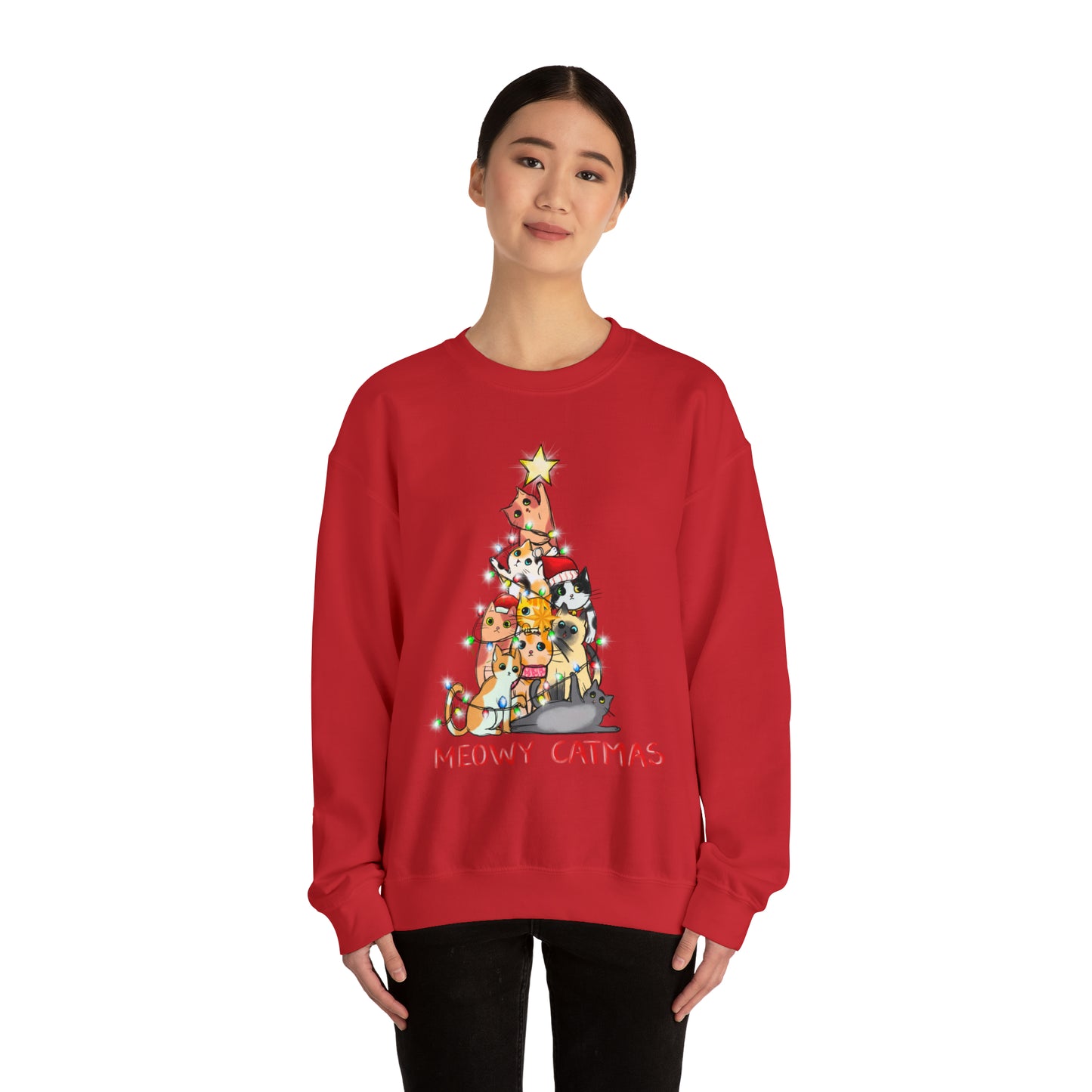 Crewneck Sweatshirt Tree of Cats Meowy Catmas Ugly Christmas Sweater