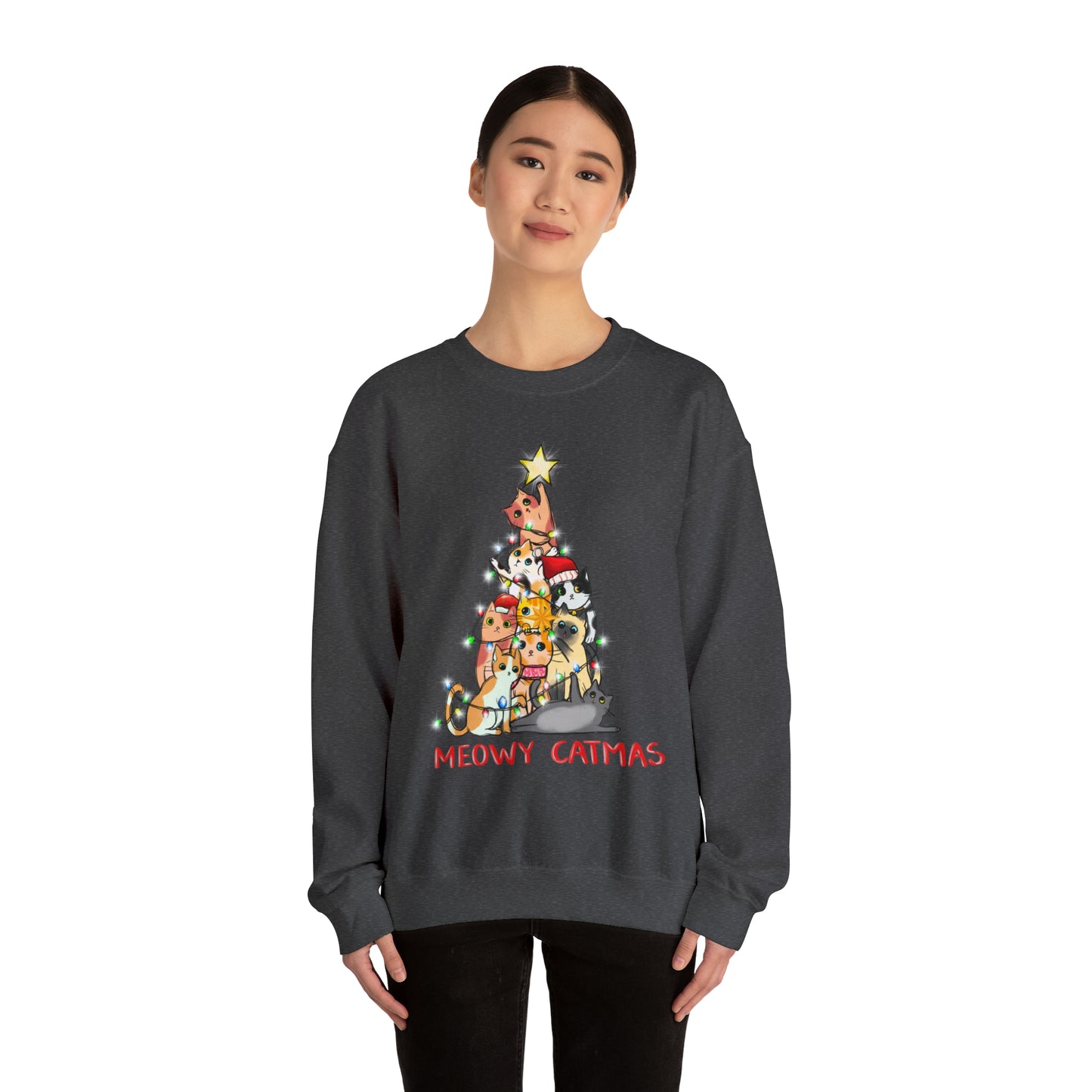 Crewneck Sweatshirt Tree of Cats Meowy Catmas Ugly Christmas Sweater