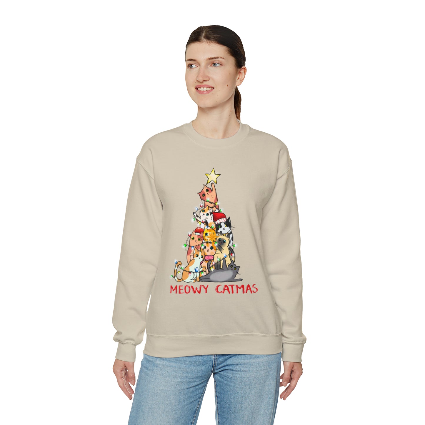Crewneck Sweatshirt Tree of Cats Meowy Catmas Ugly Christmas Sweater