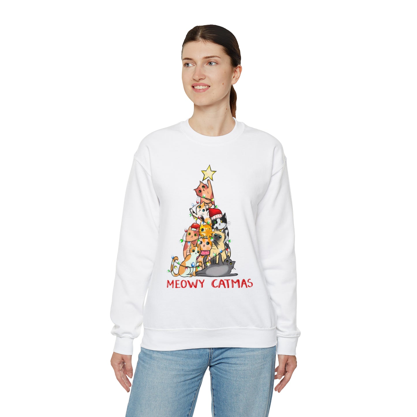 Crewneck Sweatshirt Tree of Cats Meowy Catmas Ugly Christmas Sweater
