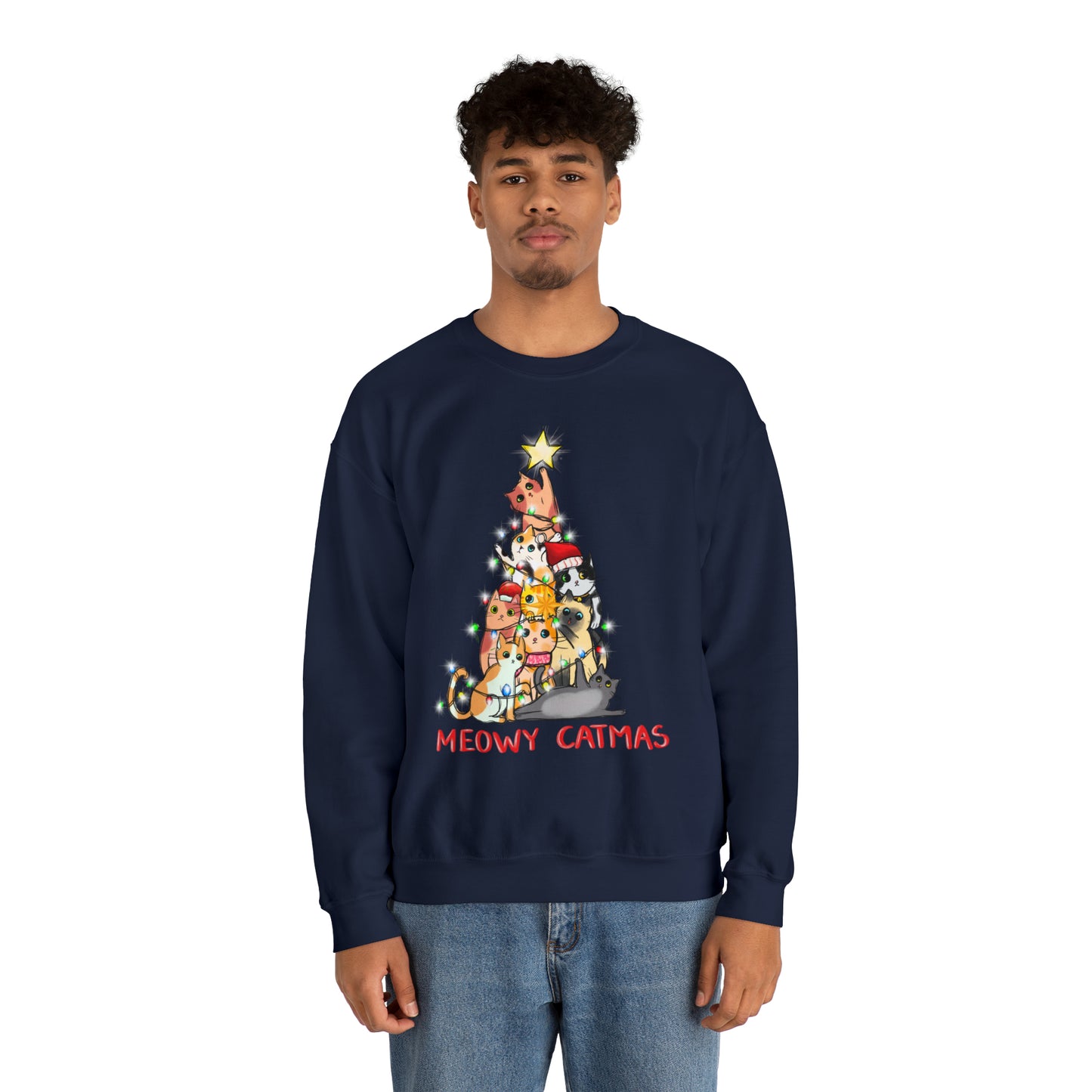 Crewneck Sweatshirt Tree of Cats Meowy Catmas Ugly Christmas Sweater