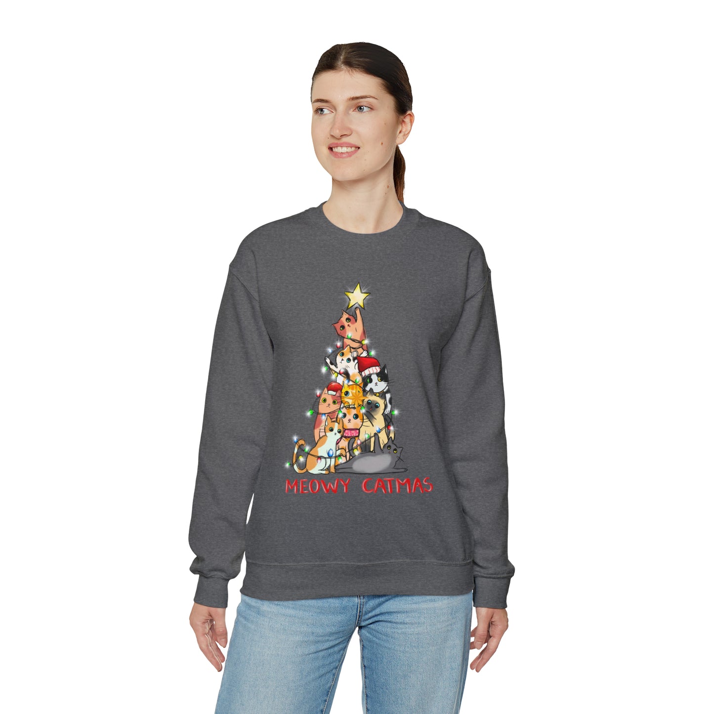 Crewneck Sweatshirt Tree of Cats Meowy Catmas Ugly Christmas Sweater
