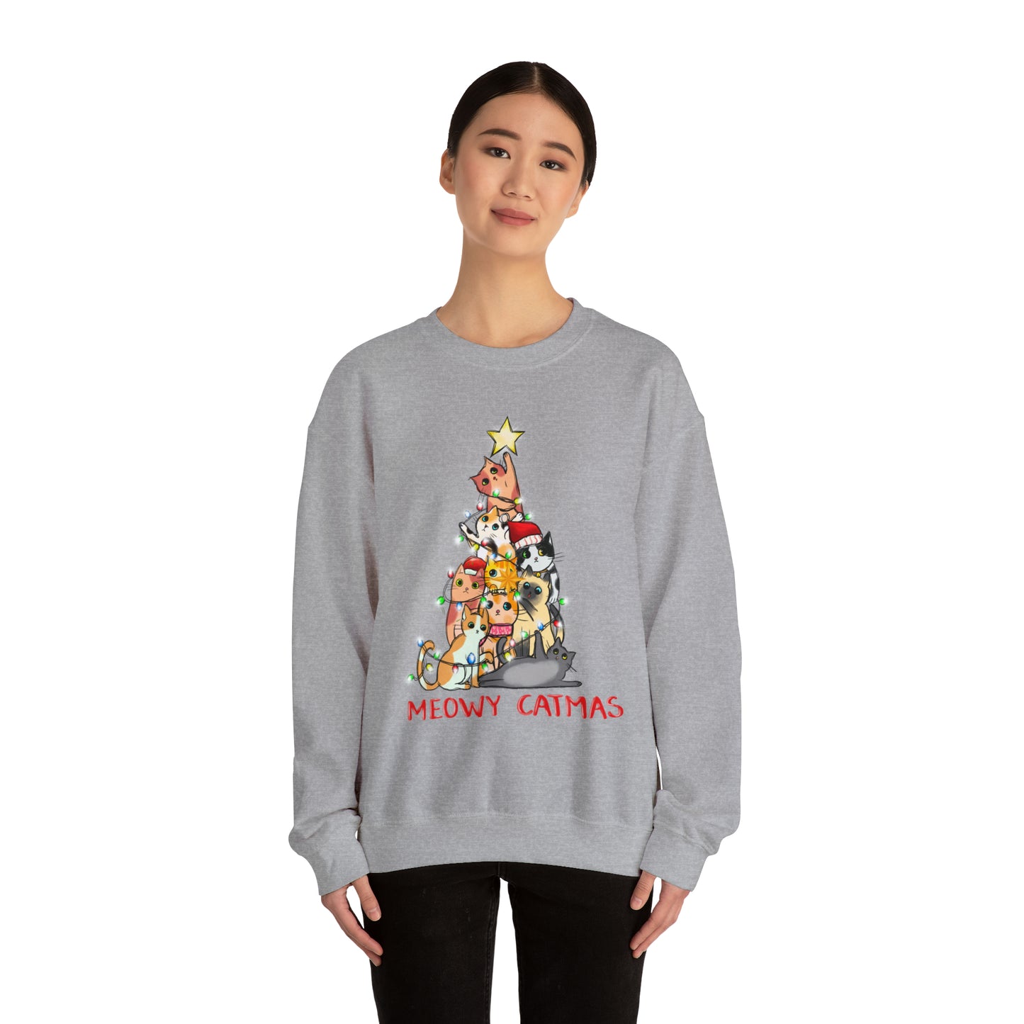 Crewneck Sweatshirt Tree of Cats Meowy Catmas Ugly Christmas Sweater