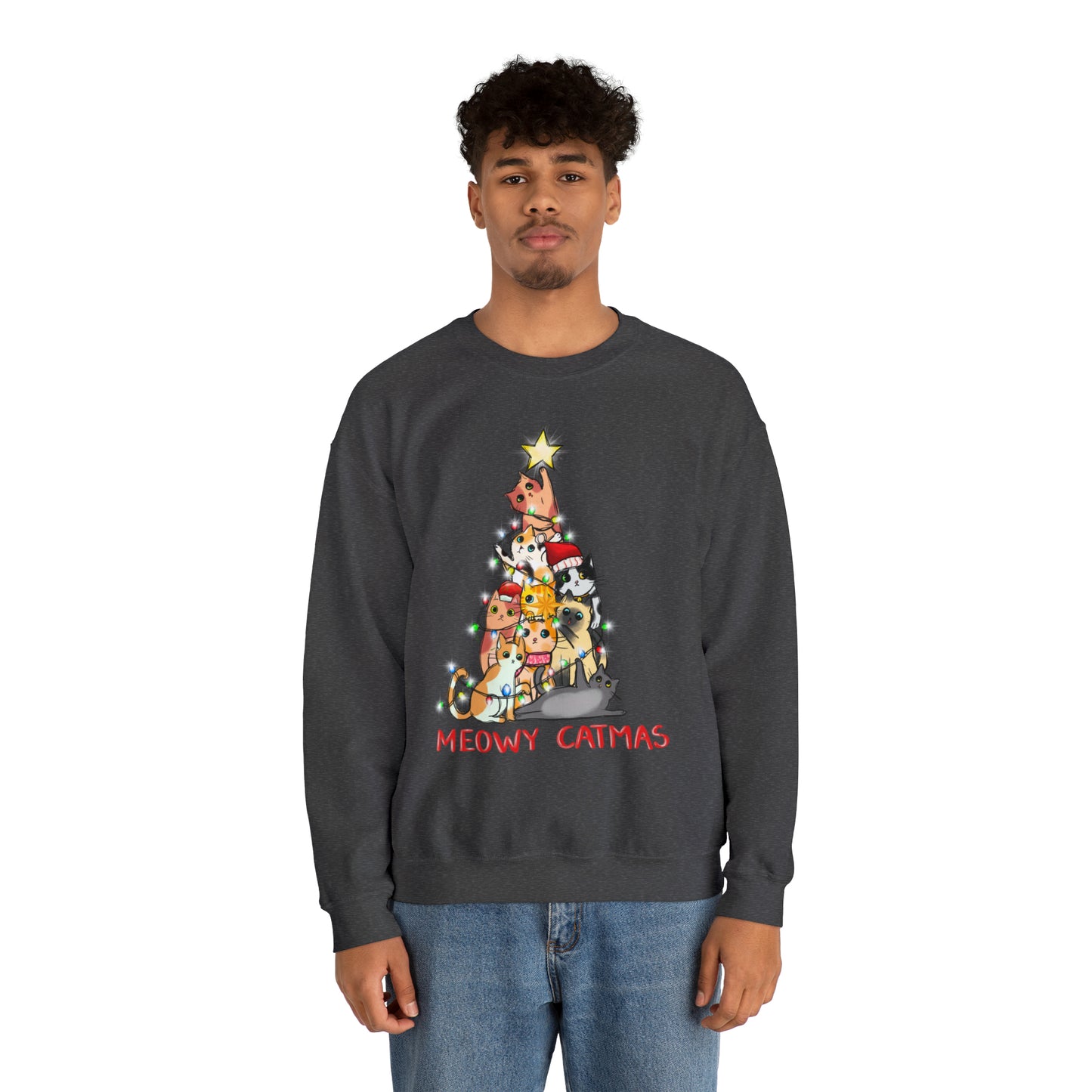 Crewneck Sweatshirt Tree of Cats Meowy Catmas Ugly Christmas Sweater