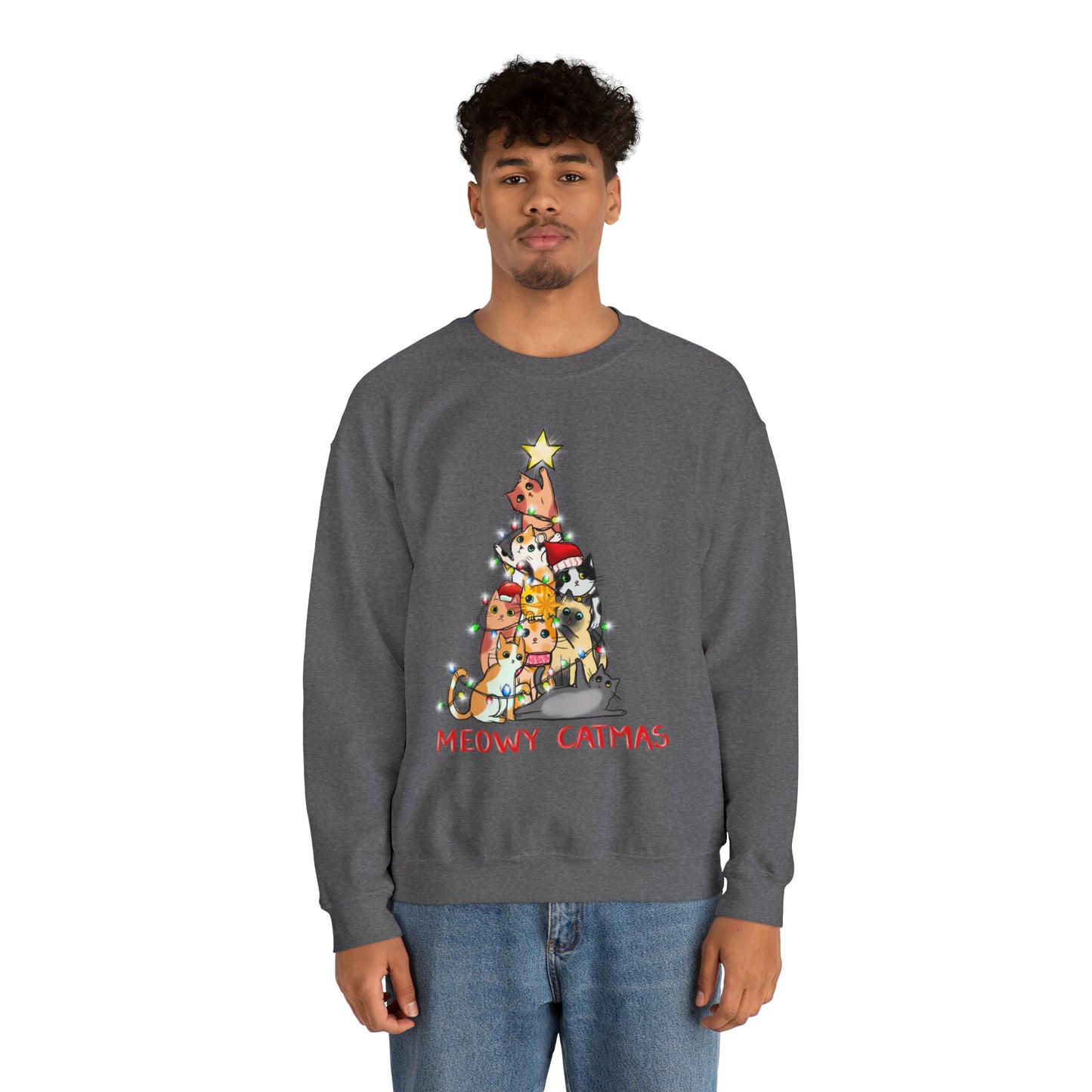 Crewneck Sweatshirt Tree of Cats Meowy Catmas Ugly Christmas Sweater