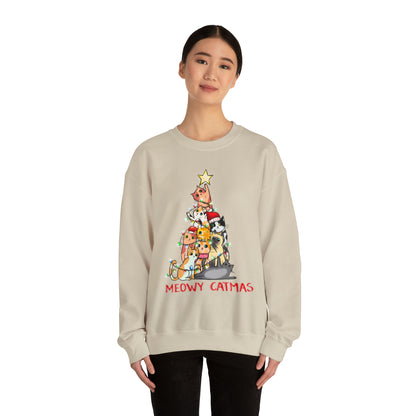 Crewneck Sweatshirt Tree of Cats Meowy Catmas Ugly Christmas Sweater