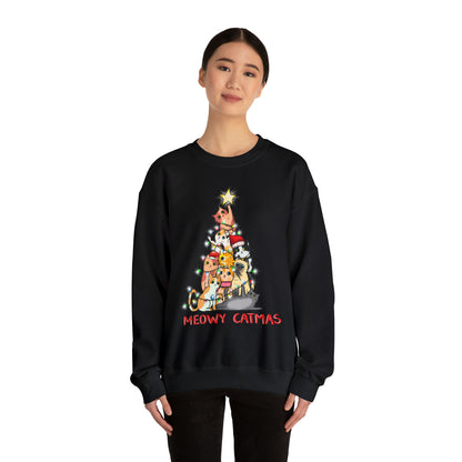 Crewneck Sweatshirt Tree of Cats Meowy Catmas Ugly Christmas Sweater