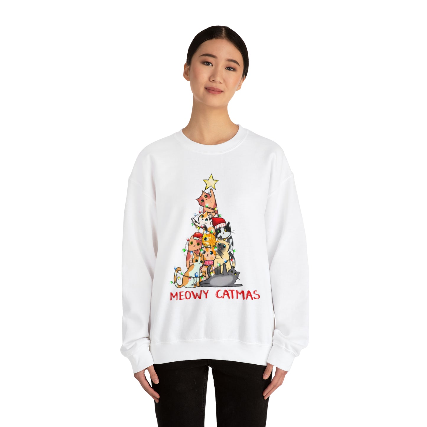 Crewneck Sweatshirt Tree of Cats Meowy Catmas Ugly Christmas Sweater