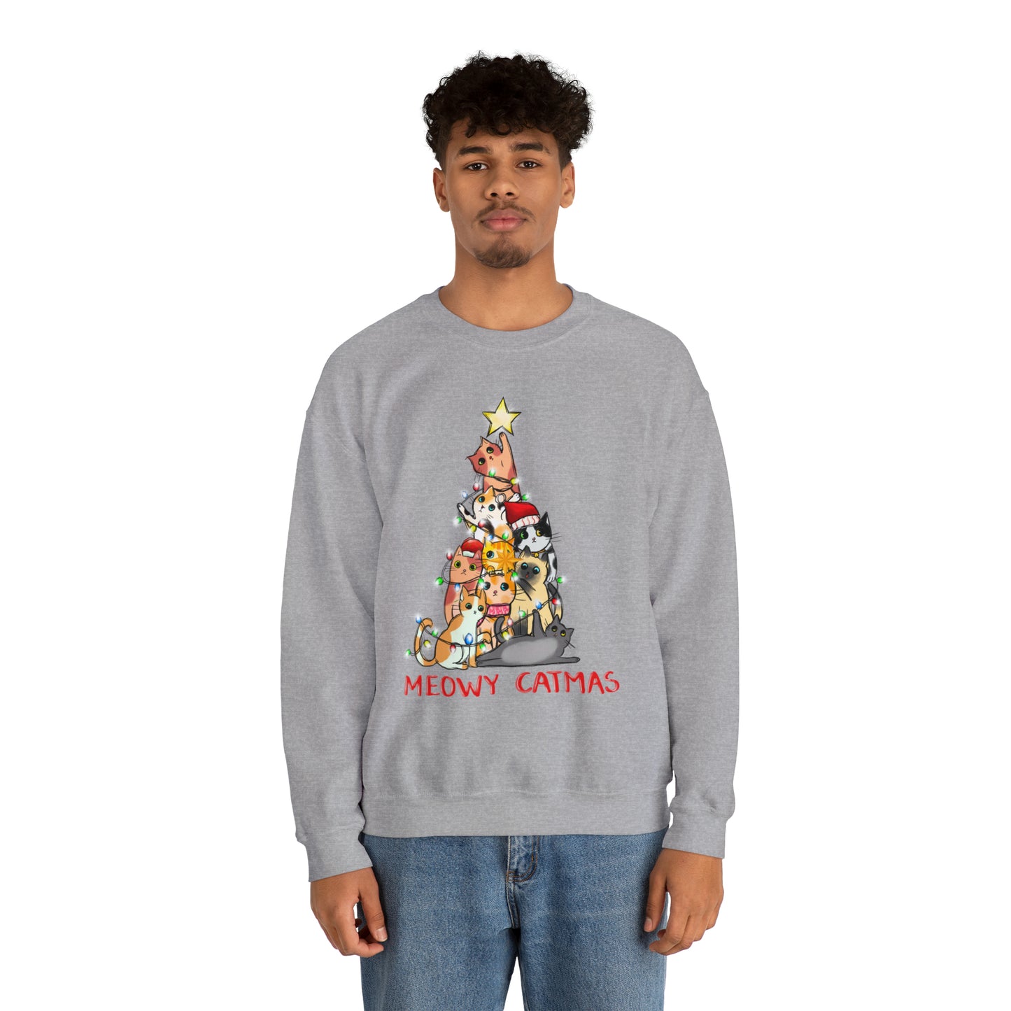 Crewneck Sweatshirt Tree of Cats Meowy Catmas Ugly Christmas Sweater