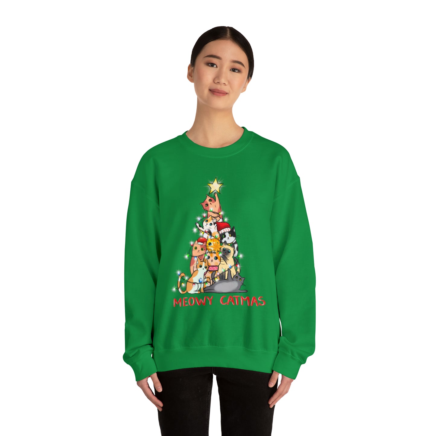 Crewneck Sweatshirt Tree of Cats Meowy Catmas Ugly Christmas Sweater