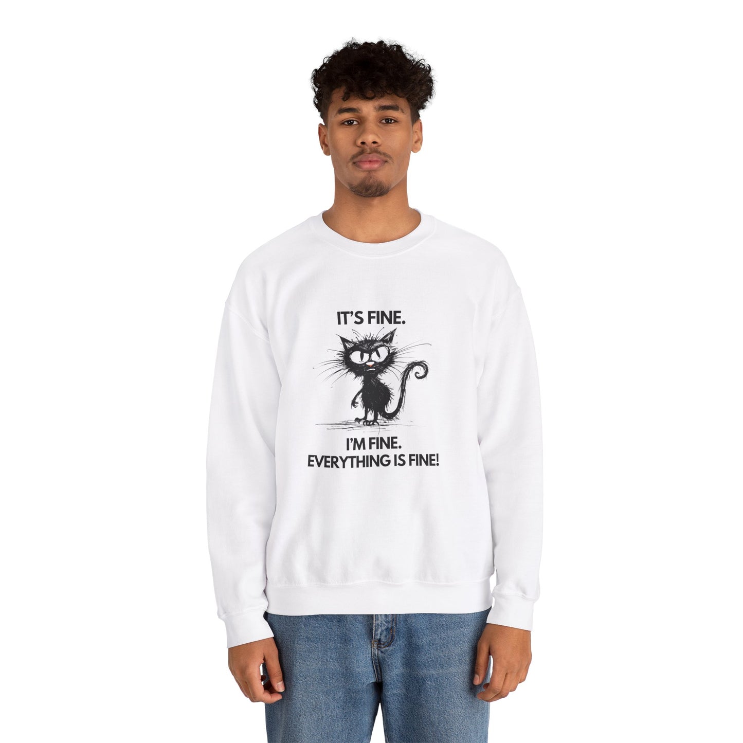 Funny Cat Heavy Blend Crewneck Sweatshirt - 'I'm Fine, Everything is Fine'