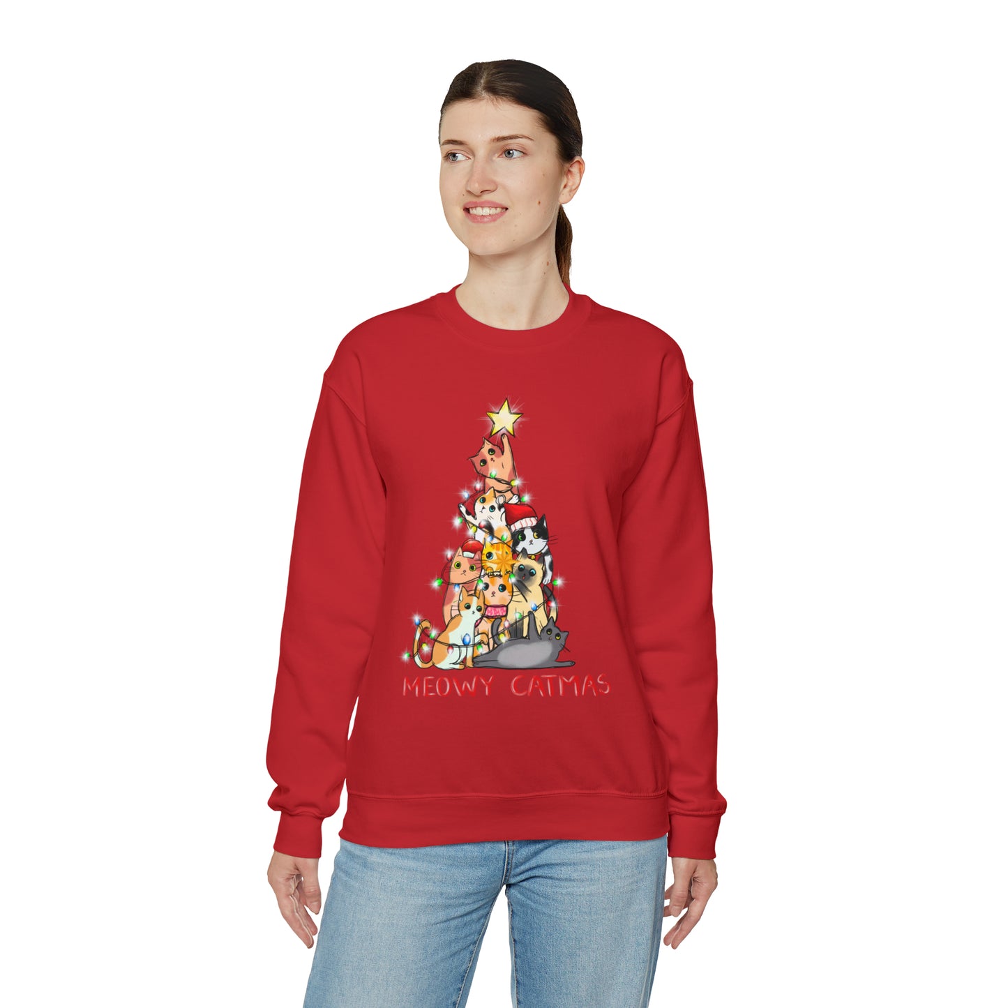Crewneck Sweatshirt Tree of Cats Meowy Catmas Ugly Christmas Sweater