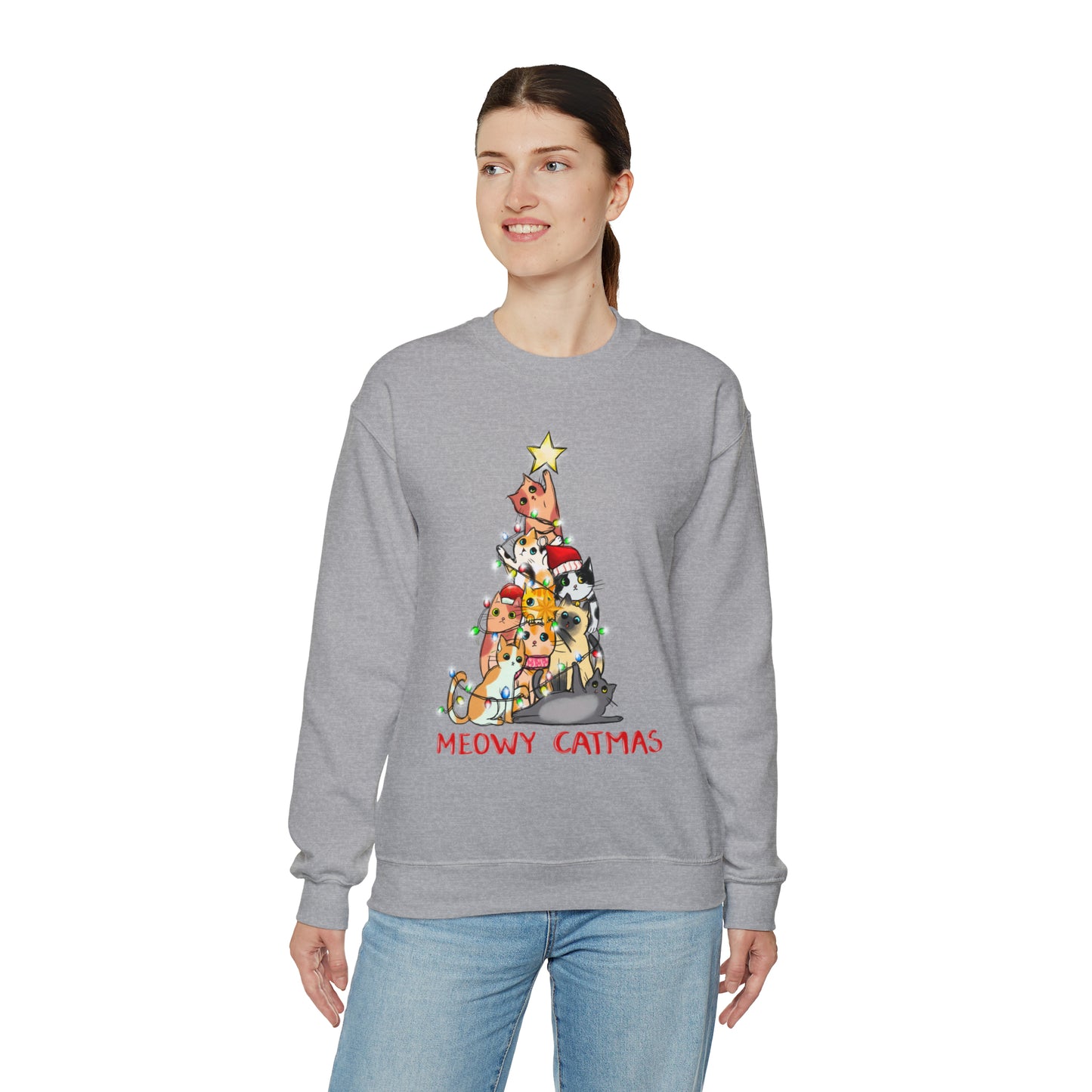 Crewneck Sweatshirt Tree of Cats Meowy Catmas Ugly Christmas Sweater