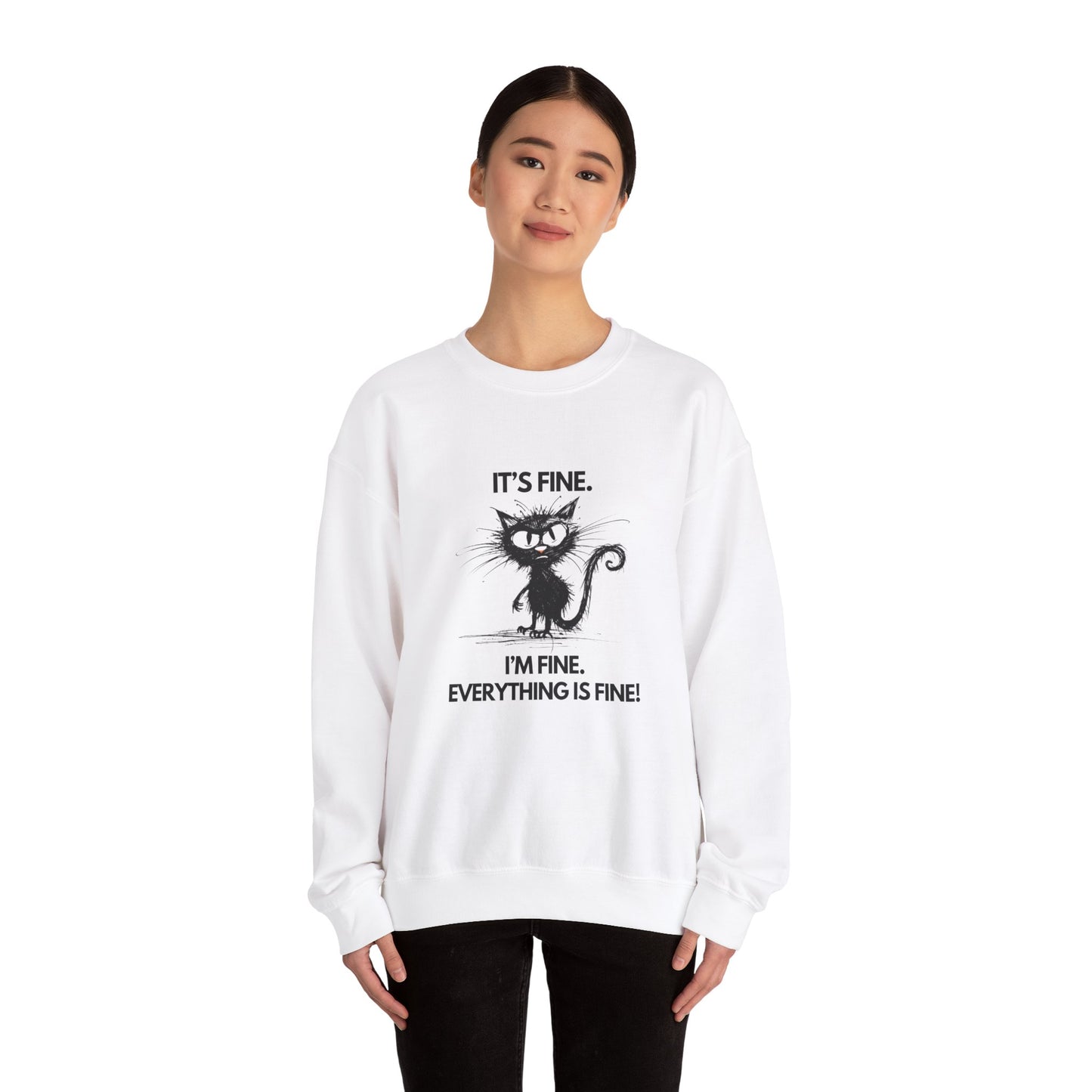 Funny Cat Heavy Blend Crewneck Sweatshirt - 'I'm Fine, Everything is Fine'
