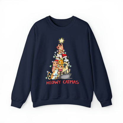 Crewneck Sweatshirt Tree of Cats Meowy Catmas Ugly Christmas Sweater