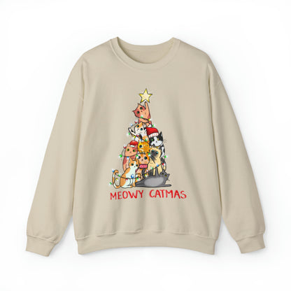 Crewneck Sweatshirt Tree of Cats Meowy Catmas Ugly Christmas Sweater