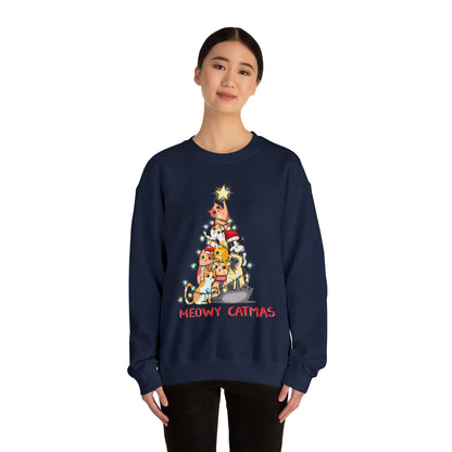Crewneck Sweatshirt Tree of Cats Meowy Catmas Ugly Christmas Sweater