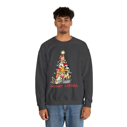 Crewneck Sweatshirt Tree of Cats Meowy Catmas Ugly Christmas Sweater